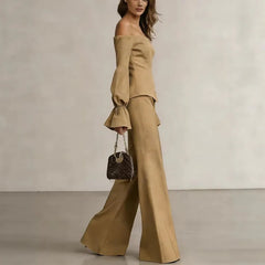 LIZAKOSHT - 2026 New Bubble Sleeve Temperament Off-the-shoulder One-word Collar Fashion Women's Top Wide-leg Pants Two-piece Set