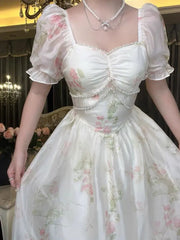 LIZAKOSHT  -  Korea Vintage Floral Print Dress Women Casual Square Collar Midi Dress Female Puff Sleeve Elegant Fairy Holiday Dress Vestido