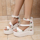 LIZAKOSHT - Rose Print Wedge Heel Ankle Strap Sandals Women Summer Rear Zip Chunky Platform Sandals Fashion Super High Heel Shoes