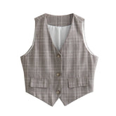LIZAKOSHT - Sleeveless Vest for Women Female Chic V-Neck Single-breasted Summer Vests Tops Ladies Casual Houndstooth Waistcoat New