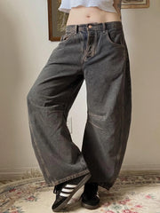 LIZAKOSHT - Washed Design Banana Denim Pant Y2k Vintage Low Waist Loose Wide Leg Trousers Harajuku Female Autumn Chic Straight Jean
