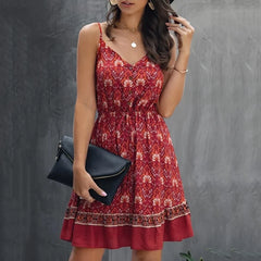 LIZAKOSHT - Women Casual Floral Strap V-neck Sexy Backless Dresses New Summer Female Sling Boho Sleeveless Elegant Evening Party Beach Dress