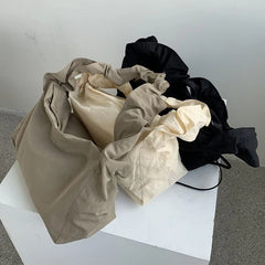 LIZAKOSHT - Nylon Drawstring Wide Shoulder Strap Crossbody Bag Women Solid Casual Korean Designer Shoulder Bags Simple Shirred Underarm Bag