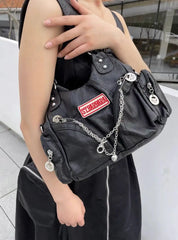 LIZAKOSHT - Hot Girls Black Shoulder Bag Women Vintage Grunge Leather Casual Tote Bag Ladies Retro Moto Biker Y2k Handbag Aesthetic