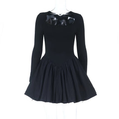 LIZAKOSHT  -  Classic Black Princess Fluffy Dress For Women Elegant Crew Neck Long-sleeved High Waist Pleated Mini Gowns Party Streetwear