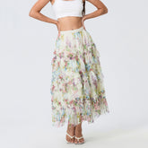 LIZAKOSHT - Early Fall Floral Print Ruffle Mesh Skirt Women Irregular Flowy A-line Midi Skirt for Travel, Beach, Shopping