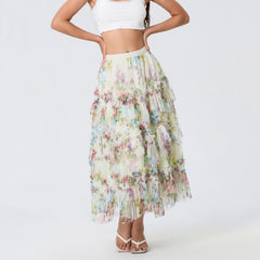 LIZAKOSHT - Early Fall Floral Print Ruffle Mesh Skirt Women Irregular Flowy A-line Midi Skirt for Travel, Beach, Shopping