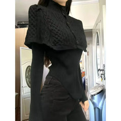 LIZAKOSHT  -  Autumn Winter Coats 2-piece Set Black Red Turtleneck Sweater Slim Knit Pullover Women Clothing Trend Design Skinny Tops Shawl