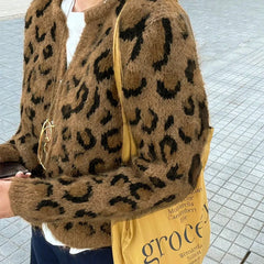 LIZAKOSHT - Leopard Print Sweater Cardigan for Women Vintage Button-Up Single Breasted Knit Top Coat Comfy Soft Autumn Winter Y2K Sweater
