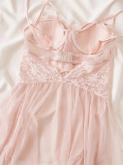 LIZAKOSHT - Sweet Suspender Nightdress with Panties Sexy Lingerie See Through Gauze Women's Loungewear Lace Backless Steel Ring Nightdress