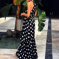 LIZAKOSHT - 2026 Summer Beach Wind Polka Dot Printed Fashion Dress Sleeveless Slim Fit Fashion Temperament Long Dress