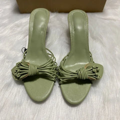 LIZAKOSHT - Green Leaf Narrow Band Women Gladiator Sandals Brand Design Summer Open Toe High Heels Mules Hollow Out Daily Ladies Party Shoes
