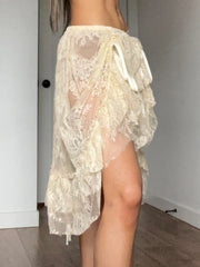 LIZAKOSHT - Boho Ruffle Hem Drawstring Sheer Lace Skirt Women Fairycore Tiered Layer Midi Skirt for Daily Holiday Vacation Summer