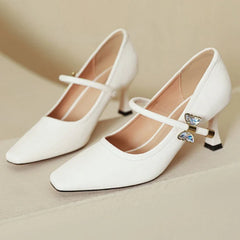 LIZAKOSHT - Fashion Elegant High Heels for Women Square Toe Thin Heels Office Shoes Fashion Shallow Diamond Bow Mary Jane Shoes Women Pumps