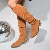 LIZAKOSHT - Retro Knee High Western Boots Women Autumn Faux Suede Thick Heels Long Boots Woman Plus Size 43 Pointed Toe Cowboy Botas