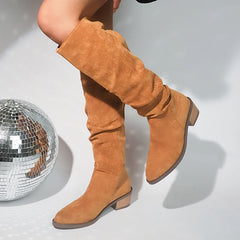 LIZAKOSHT - Retro Knee High Western Boots Women Autumn Faux Suede Thick Heels Long Boots Woman Plus Size 43 Pointed Toe Cowboy Botas