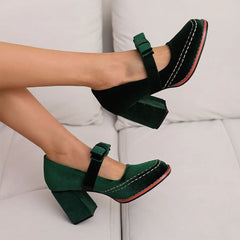 LIZAKOSHT - Plus Size 33-48 Retro Burgundy Elegant Office Lady Mary Janes Pumps Vintage Green Square High Heels Shoes with Bow Tie