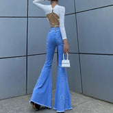 LIZAKOSHT - Solid Color Butterfly Print High Waist Bag Hip Casual Denim Flared Trousers 2024 Autumn Fashion Street Style Women's Trousers