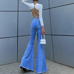 LIZAKOSHT - Solid Color Butterfly Print High Waist Bag Hip Casual Denim Flared Trousers 2024 Autumn Fashion Street Style Women's Trousers