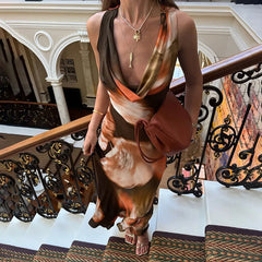 LIZAKOSHT - Fashion All Matching Sleeveless Party Dress Elegant Swinging Collar Halter Evening Dress Vintage Printed Slim Banquet Long Dress