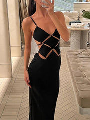 LIZAKOSHT - Hollow Out Sexy Evening Party Club Maxi Dress Outfits Women Bodycon Elegant Backless Sleeveless V Neck Summer Clothes Vestido