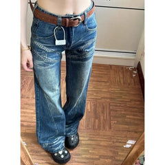 LIZAKOSHT - Y2K Fashion Blue Simple Casual Straight Jeans Woman Autumn Retro Streetwear Washed Loose Harajuku Street Straight Jeans