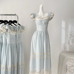LIZAKOSHT - Summer Lace Patchwork Dress Fashion Retro Small Flying Sleeves Dress Women Sleeveless Seaside Holiday Long Dress