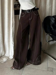 LIZAKOSHT - Vintage Brown Wide Leg Jeans Women Y2k High Street Baggy Denim Trousers Grunge Hip Hop American Retro Oversized Jeans