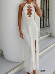 LIZAKOSHT - Elegant Sleeveless Embroidery Hollow Long Dress Women Fashion Backless White Party Dresses Sexy Halter Lace-Up Cover-Up Swimsuit