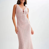 LIZAKOSHT  -  Solid Color Hollow Knitted Beach Vacation Dress Elegant Sleeveless Skinny Cover-up Dress Women Sexy Perspective Swimwear Dress