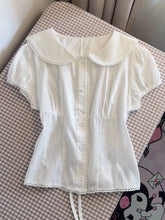 LIZAKOSHT - Lace Trim White Striped T-shirt Blouse Woman Summer Back Lace-up Short Puff Sleeve Shirt Vintage Sweet Slim Solid Crop Tops Y2k