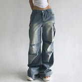 LIZAKOSHT  -  Cargo Pants Multiple Pockets Low Waist Baggy Wide Leg Women Casual Oversized Straight Jeans Streetwear Trousers