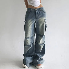 LIZAKOSHT  -  Cargo Pants Multiple Pockets Low Waist Baggy Wide Leg Women Casual Oversized Straight Jeans Streetwear Trousers