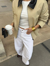 LIZAKOSHT  -  Leather Collar Cargo Jacket Coat Color Patchwork Lapel Button Zipper Pocket Workwear Outwear Loose Casual Minimalist Outwear Top