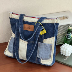 LIZAKOSHT - Women's Cowboy Shoulder Bag Shopping Bags Splicing Denim Handbag Fashion Simple Tote