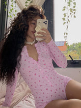 LIZAKOSHT - Floral Print Chic Rompers for Women Aesthetic Crewneck 2000s Long Sleeves Jumpsuits Sweet Korean Harajuku Cloth