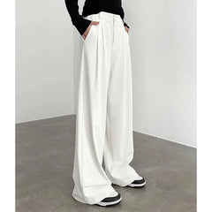 LIZAKOSHT - Korean White Wide Leg Pants Women Elegant Classic High Waist Casual Trousers Straight Cut Office Lady Commuter Suit Pants