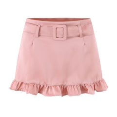 LIZAKOSHT - Sexy With Sashes Zipper Waist Satin Skirt With short lining Women Ruffles Hem A-line Package Hips Short Skater Bottom Black Pink