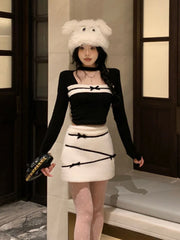 LIZAKOSHT - Women Sexy Two Piece Sets Fall Winter Long Sleeve Hollow Out Patchwork Cropped Tops Fashion Bow Striped Hotsweet Sexy Mini Skirt