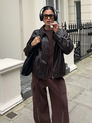 LIZAKOSHT  -  Textured Leather Jacket Coat Vintage Matte Zipper Short Outwear Top Lapel  Cool Fashion Commuter Loose Slimming Biker Jackets