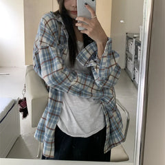 LIZAKOSHT - Polo Collar Single-breasted Loose Casual Long Sleeve Shirt Women 2024 Autumn New High Street Contrast Color Plaid All Match Tops