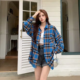 LIZAKOSHT - Vintage Lazy Blue Plaid Long sleeved Shirt Spring/Summer Fashion Casual Cardigan Loose Color Block Coat