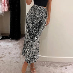 LIZAKOSHT - Ladies Casual Shiny Sequin Slim A-line Skirt New Autumn Winter Elastic Waist Wrap Hip Skirt Elegant Temperament Banquet Skirts