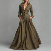 LIZAKOSHT - European American Women Dresses Retro Turndown Collar Pocket Long Dress Autumn Single Breasted Long Sleeve A-Line Street Dress