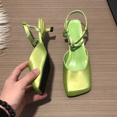 LIZAKOSHT - Satin Designer Sandals Women Square Toe Low Heel Slingback Sandals Ladies Shallow Classy Fashions Luxury Party Dress Shoes Women