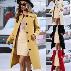 LIZAKOSHT - Autumn Winter New Solid Color Straight Commute Jacket Elegant Lady Single Breasted Outwear Fashion Lapel Long Sleeve Wollen Coat
