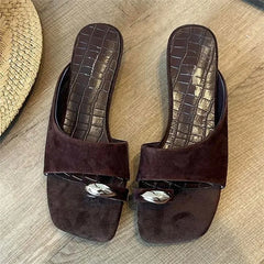 LIZAKOSHT - Vintage Clip Toe Brown Suede Metal Toe Flat Sandals Women Square Open Toe Slide Slippers Casual Summer Flip Flops