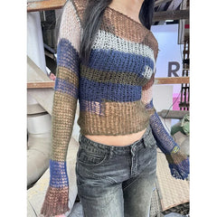 LIZAKOSHT - Deeptown Y2K Vintage Women's Knit Sweater Striped Hollow Out Cropped Pullover Korean Fashion Backless Spring Jumper Harajuku