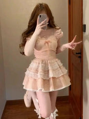 LIZAKOSHT - Pink Japanese Lolita Kawaii Dress Women Plaid Square Collar Party Mini Dress Female Bubble Sleeve France Elegant Bow Dress