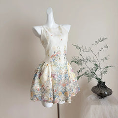 LIZAKOSHT - Off White Elegant Kawaii Fairycore Floral Print Chiffon Ruched Waist Halter Mini Dress Women Girls Summer Beach Party Daily Wear